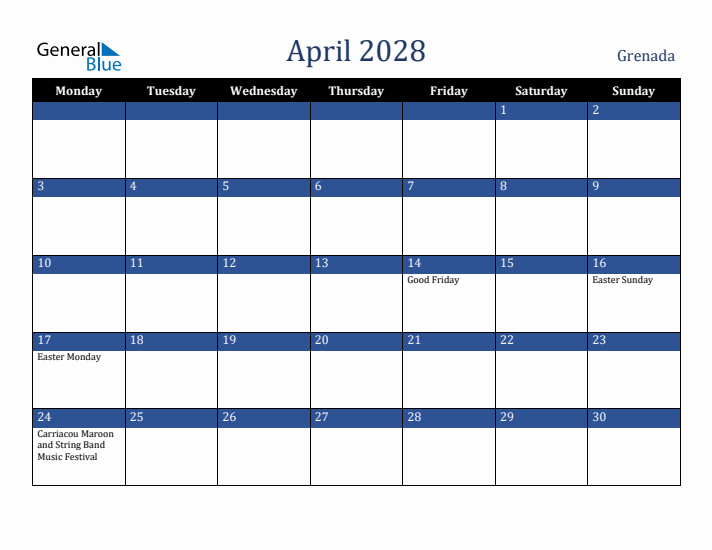 April 2028 Grenada Calendar (Monday Start)