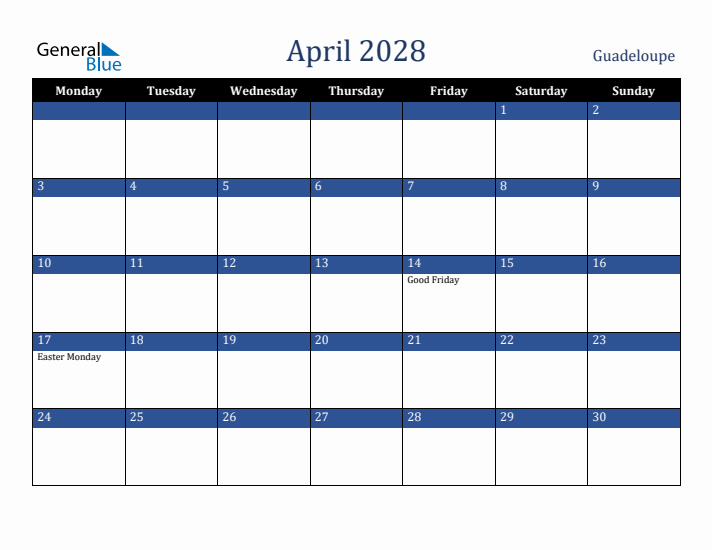April 2028 Guadeloupe Calendar (Monday Start)