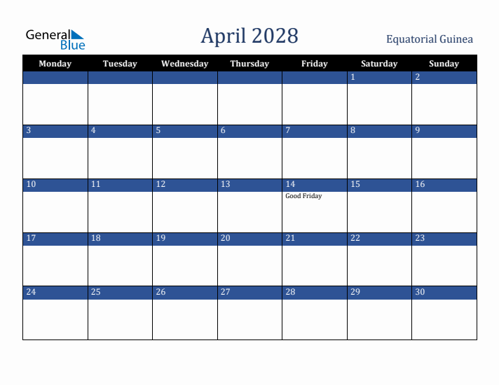 April 2028 Equatorial Guinea Calendar (Monday Start)
