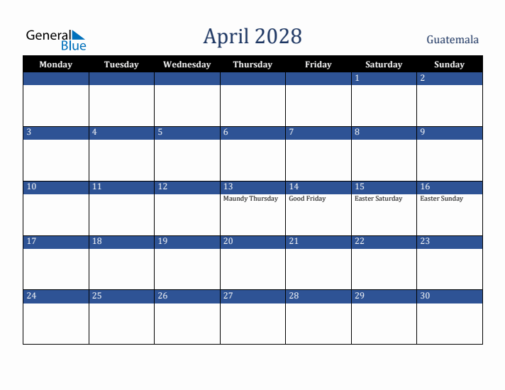 April 2028 Guatemala Calendar (Monday Start)