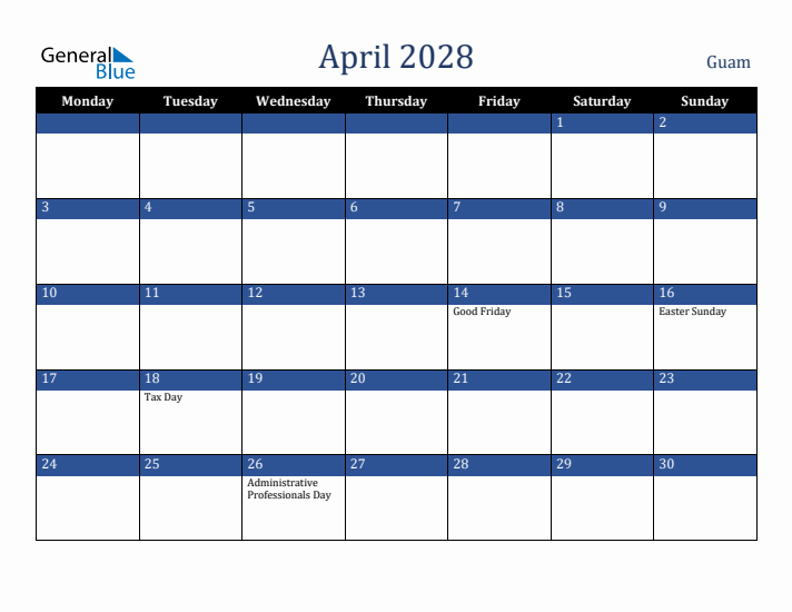 April 2028 Guam Calendar (Monday Start)