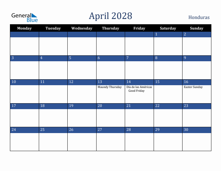 April 2028 Honduras Calendar (Monday Start)