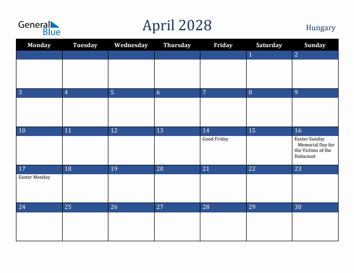 April 2028 Hungary Calendar (Monday Start)