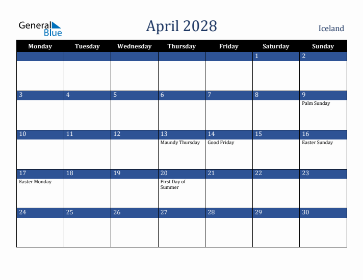 April 2028 Iceland Calendar (Monday Start)