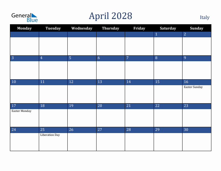 April 2028 Italy Calendar (Monday Start)