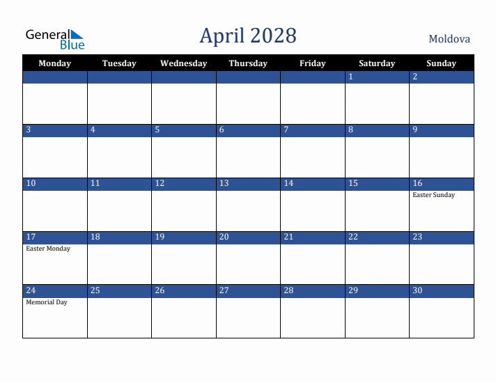 April 2028 Moldova Calendar (Monday Start)
