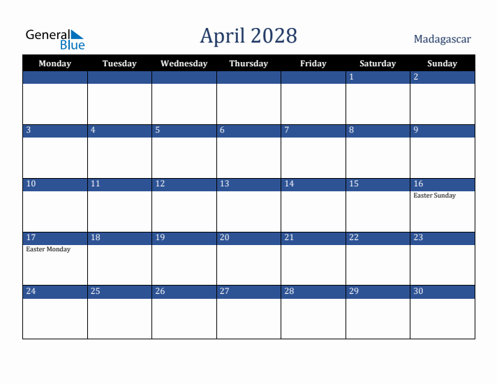 April 2028 Madagascar Calendar (Monday Start)