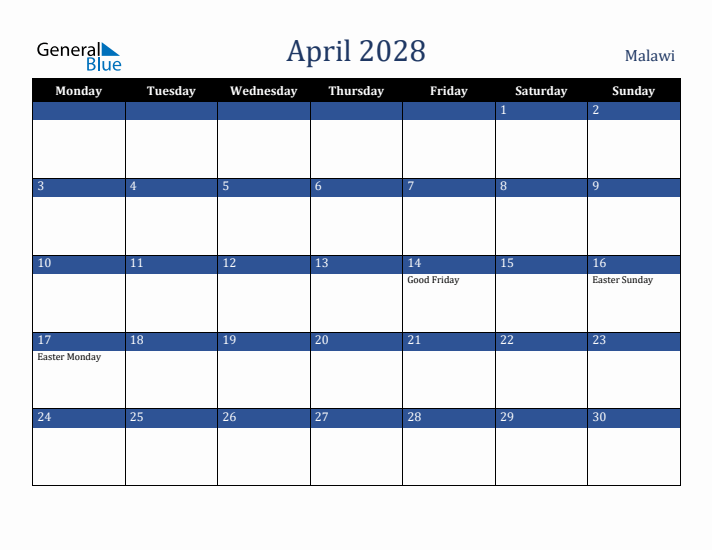 April 2028 Malawi Calendar (Monday Start)