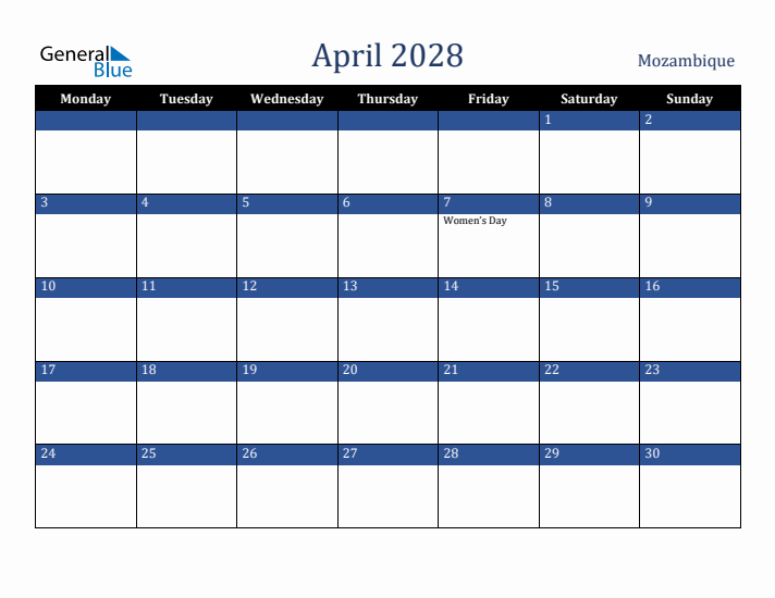 April 2028 Mozambique Calendar (Monday Start)