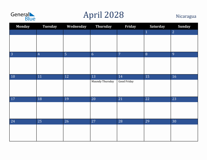 April 2028 Nicaragua Calendar (Monday Start)