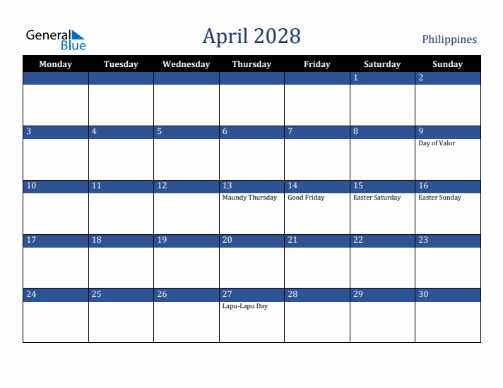 April 2028 Philippines Calendar (Monday Start)