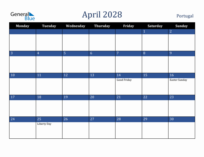 April 2028 Portugal Calendar (Monday Start)