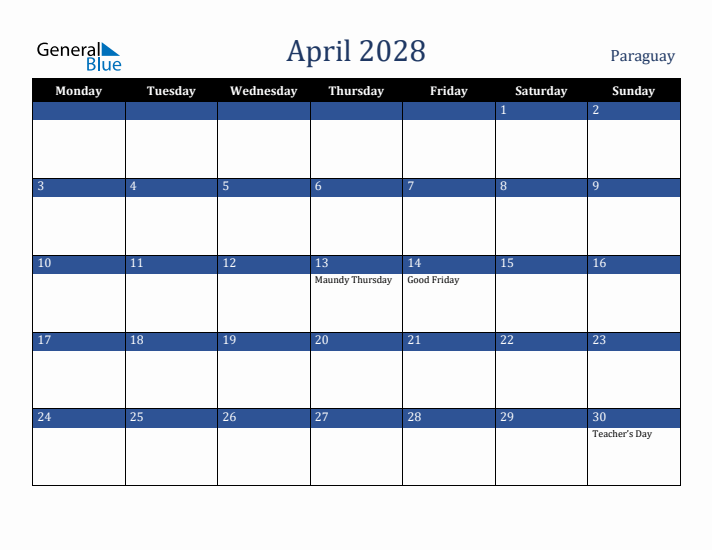 April 2028 Paraguay Calendar (Monday Start)