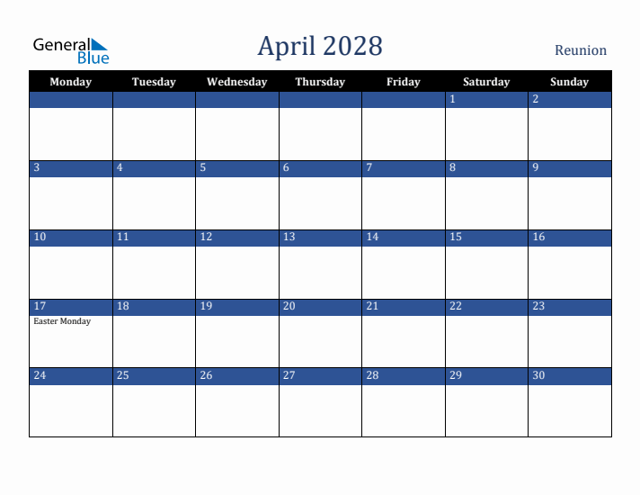 April 2028 Reunion Calendar (Monday Start)