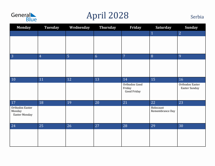 April 2028 Serbia Calendar (Monday Start)