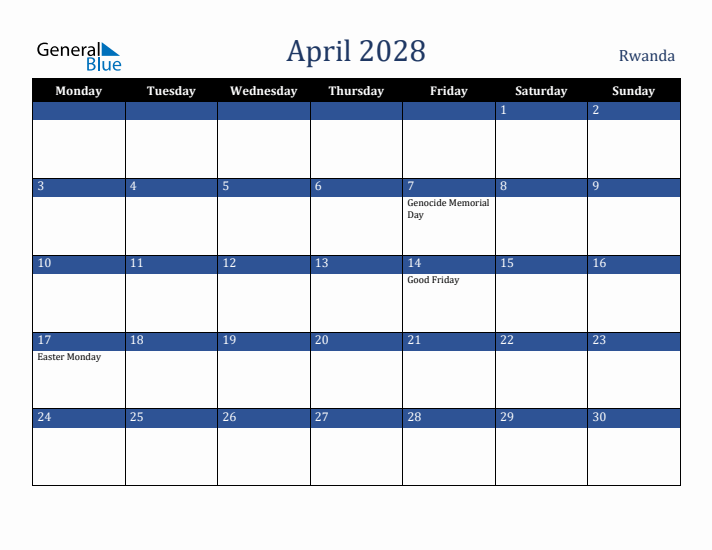 April 2028 Rwanda Calendar (Monday Start)