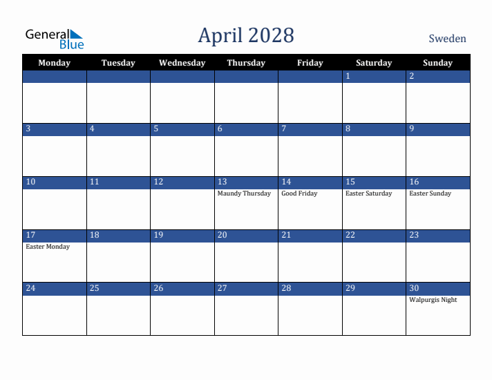 April 2028 Sweden Calendar (Monday Start)