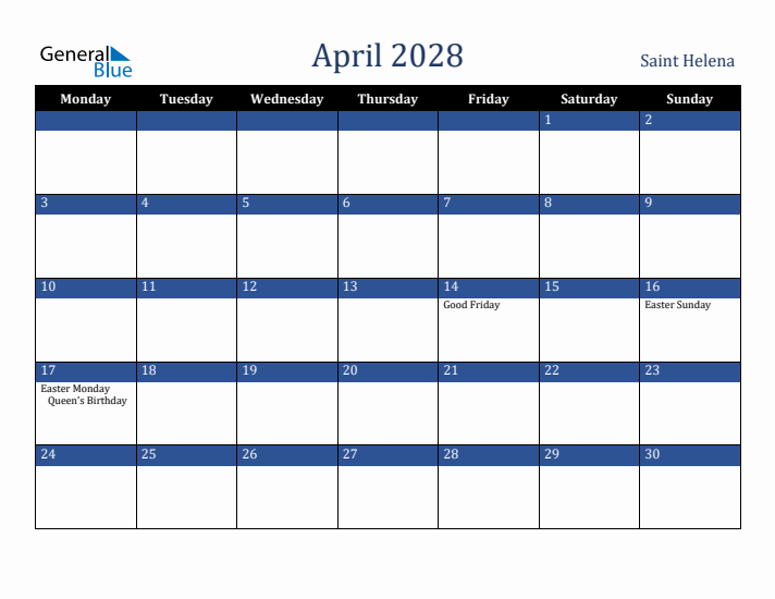 April 2028 Saint Helena Calendar (Monday Start)