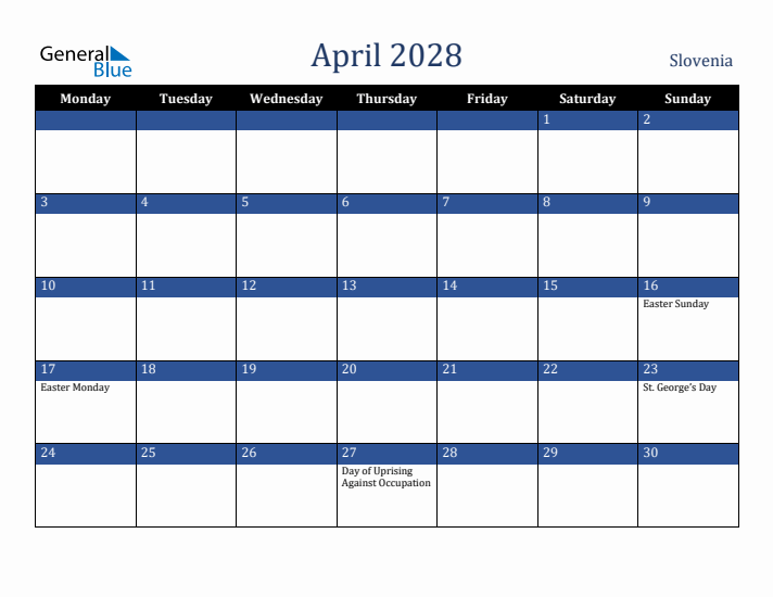 April 2028 Slovenia Calendar (Monday Start)