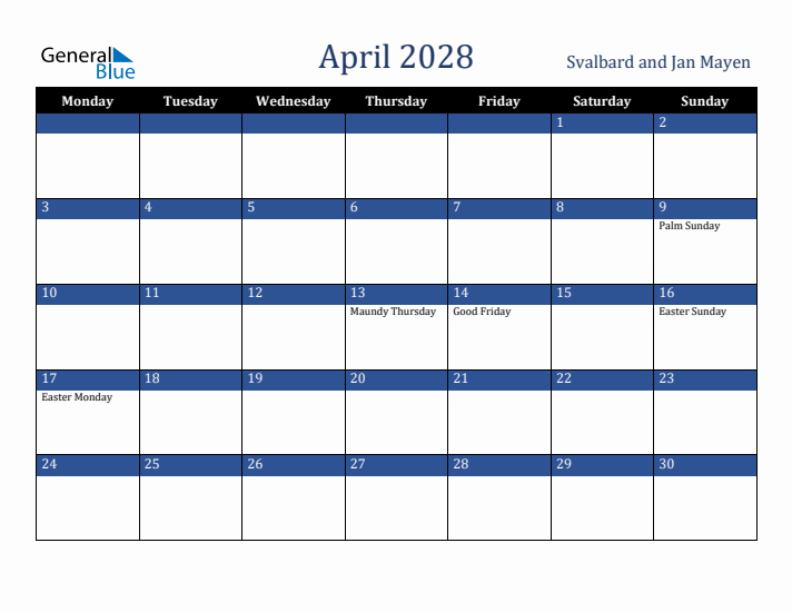 April 2028 Svalbard and Jan Mayen Calendar (Monday Start)