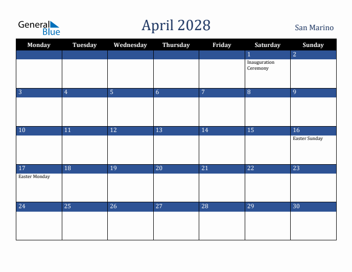 April 2028 San Marino Calendar (Monday Start)