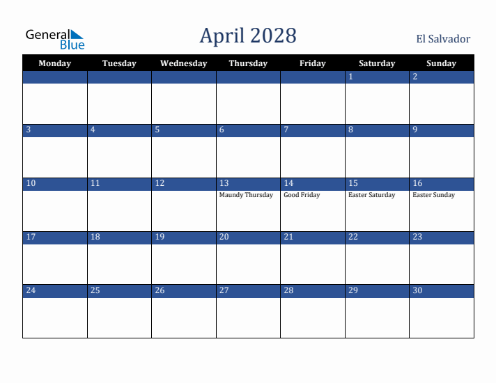 April 2028 El Salvador Calendar (Monday Start)