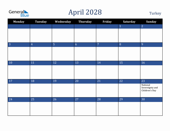 April 2028 Turkey Calendar (Monday Start)