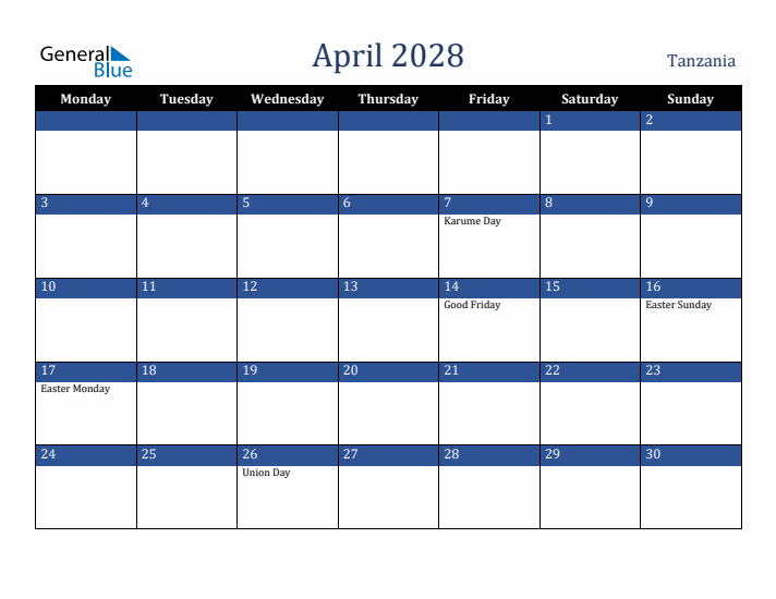 April 2028 Tanzania Calendar (Monday Start)
