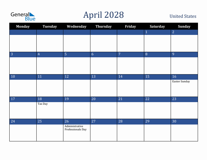 April 2028 United States Calendar (Monday Start)