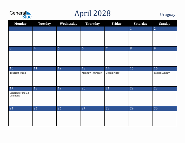 April 2028 Uruguay Calendar (Monday Start)