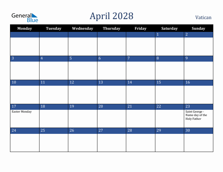 April 2028 Vatican Calendar (Monday Start)