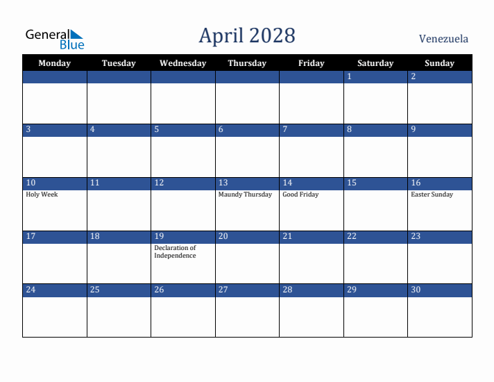 April 2028 Venezuela Calendar (Monday Start)