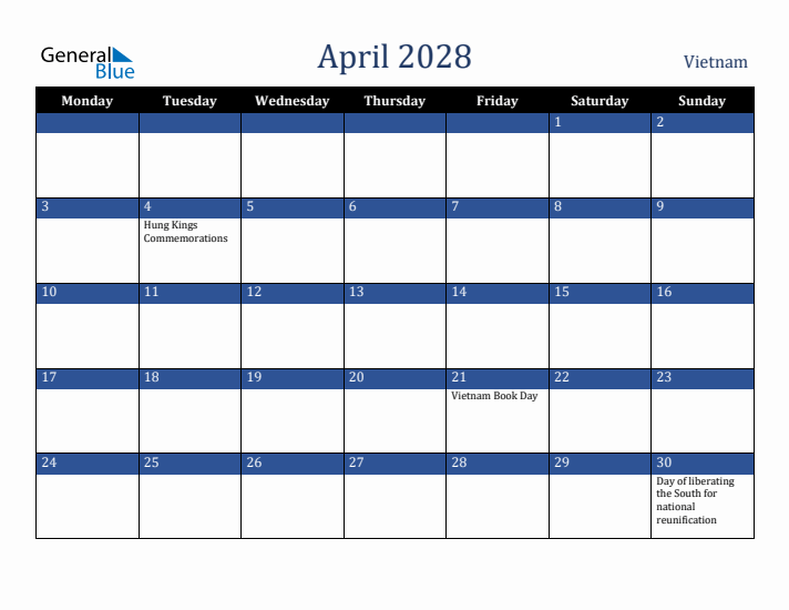 April 2028 Vietnam Calendar (Monday Start)