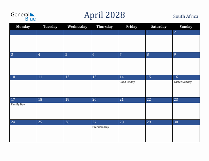 April 2028 South Africa Calendar (Monday Start)