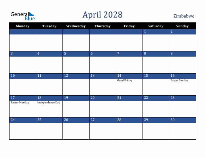 April 2028 Zimbabwe Calendar (Monday Start)