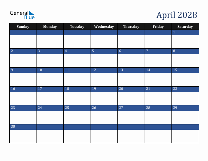 Sunday Start Calendar for April 2028