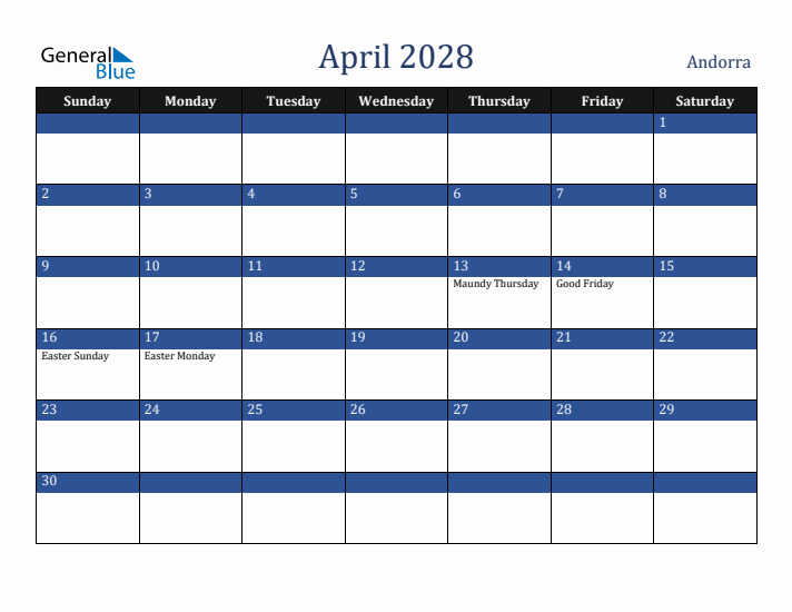 April 2028 Andorra Calendar (Sunday Start)