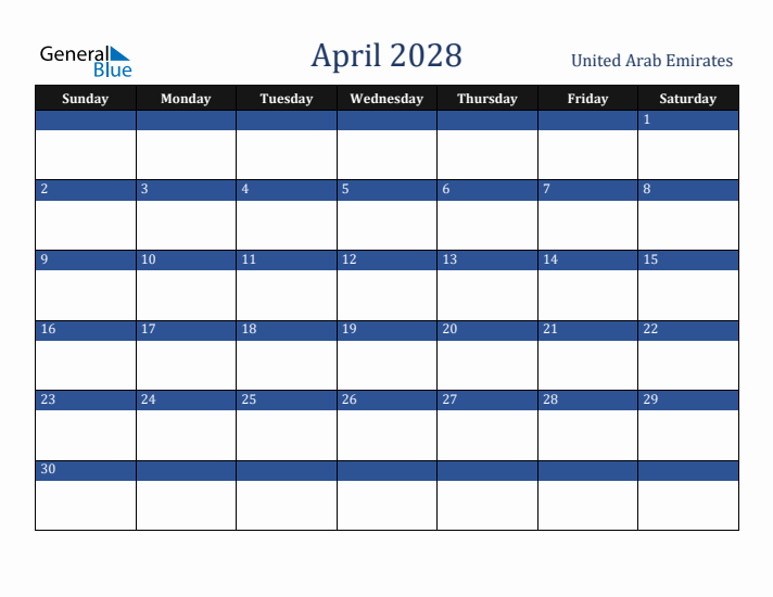 April 2028 United Arab Emirates Calendar (Sunday Start)