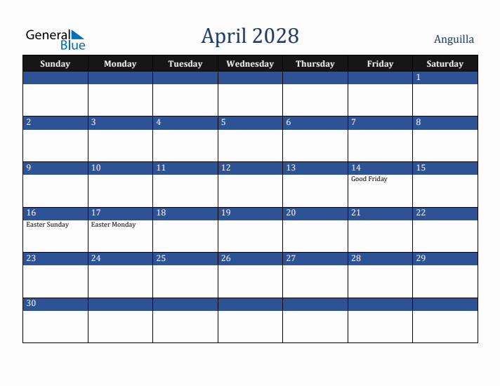 April 2028 Anguilla Calendar (Sunday Start)