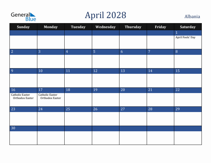 April 2028 Albania Calendar (Sunday Start)