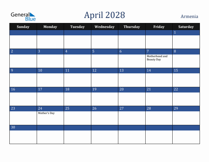 April 2028 Armenia Calendar (Sunday Start)