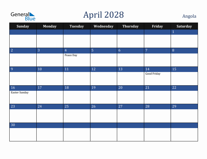 April 2028 Angola Calendar (Sunday Start)