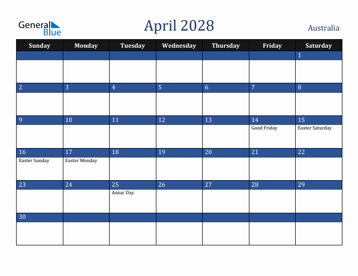 April 2028 Australia Calendar (Sunday Start)