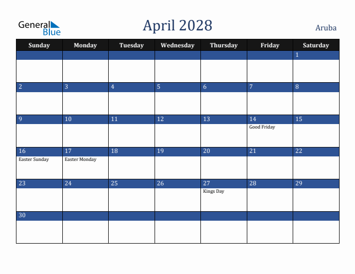 April 2028 Aruba Calendar (Sunday Start)