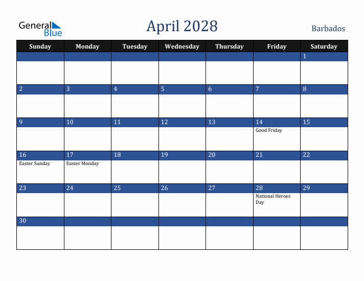 April 2028 Barbados Calendar (Sunday Start)