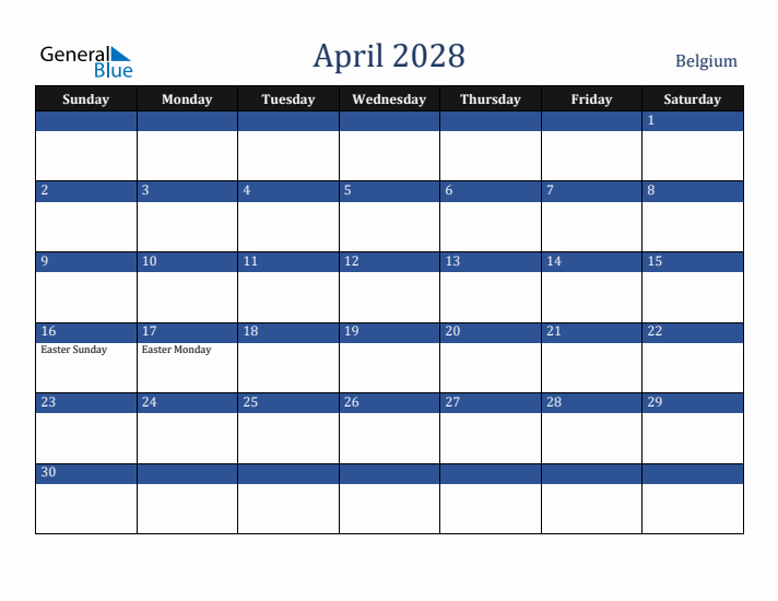 April 2028 Belgium Calendar (Sunday Start)
