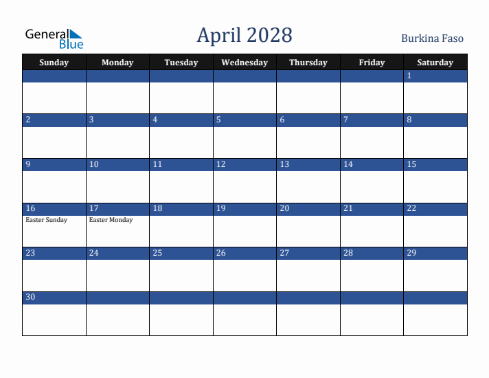 April 2028 Burkina Faso Calendar (Sunday Start)