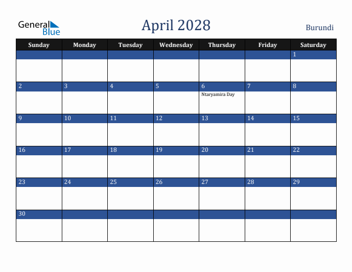 April 2028 Burundi Calendar (Sunday Start)