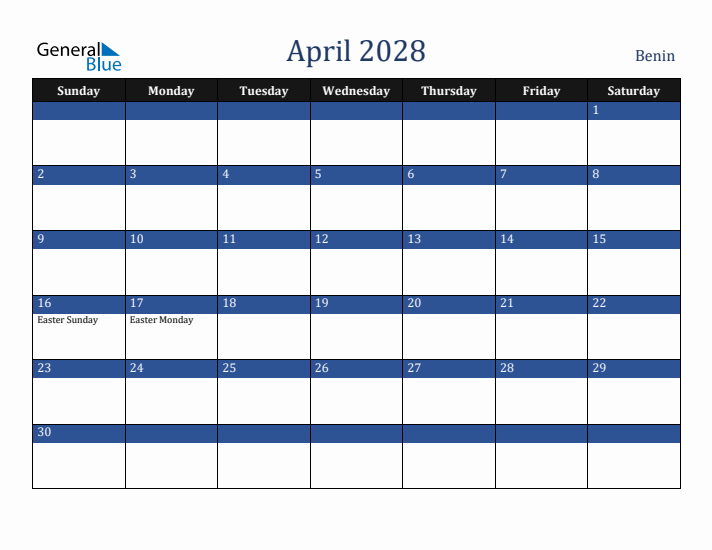 April 2028 Benin Calendar (Sunday Start)