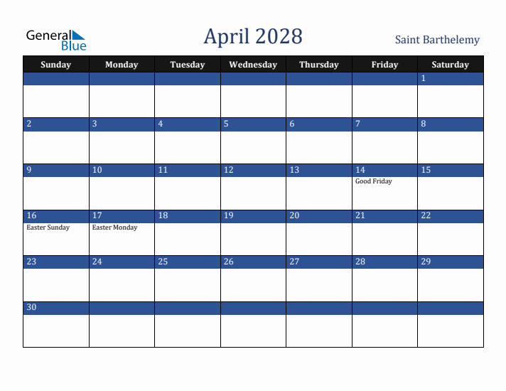April 2028 Saint Barthelemy Calendar (Sunday Start)
